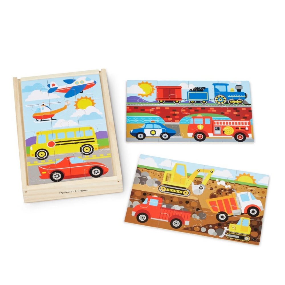 Melissa & Doug Classic Vehicles Wooden Jigsaw Puzzle Set 3-in-1 Box